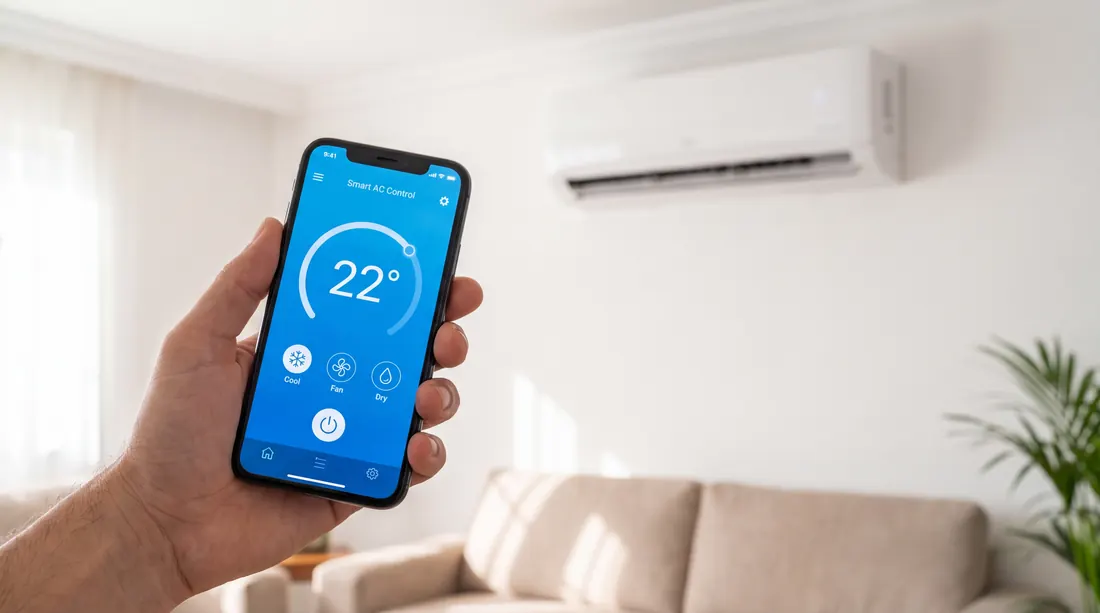Celular com app controlando o ar-condicionado em 22 graus